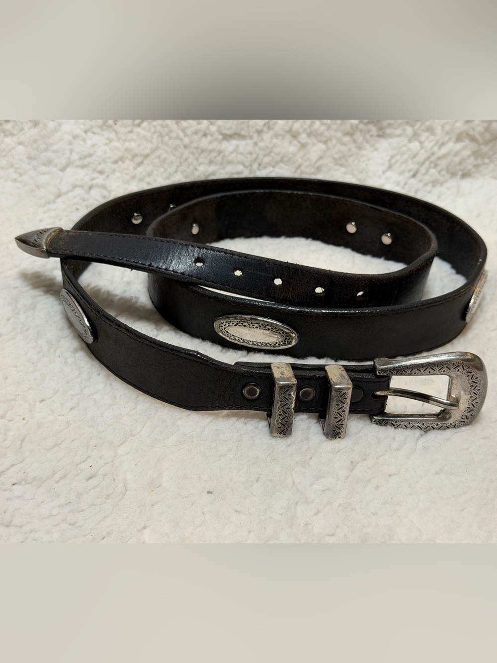 Brighton Taper Ornament Belt (Style 39103) Black Leather Silver Plated Finish 44